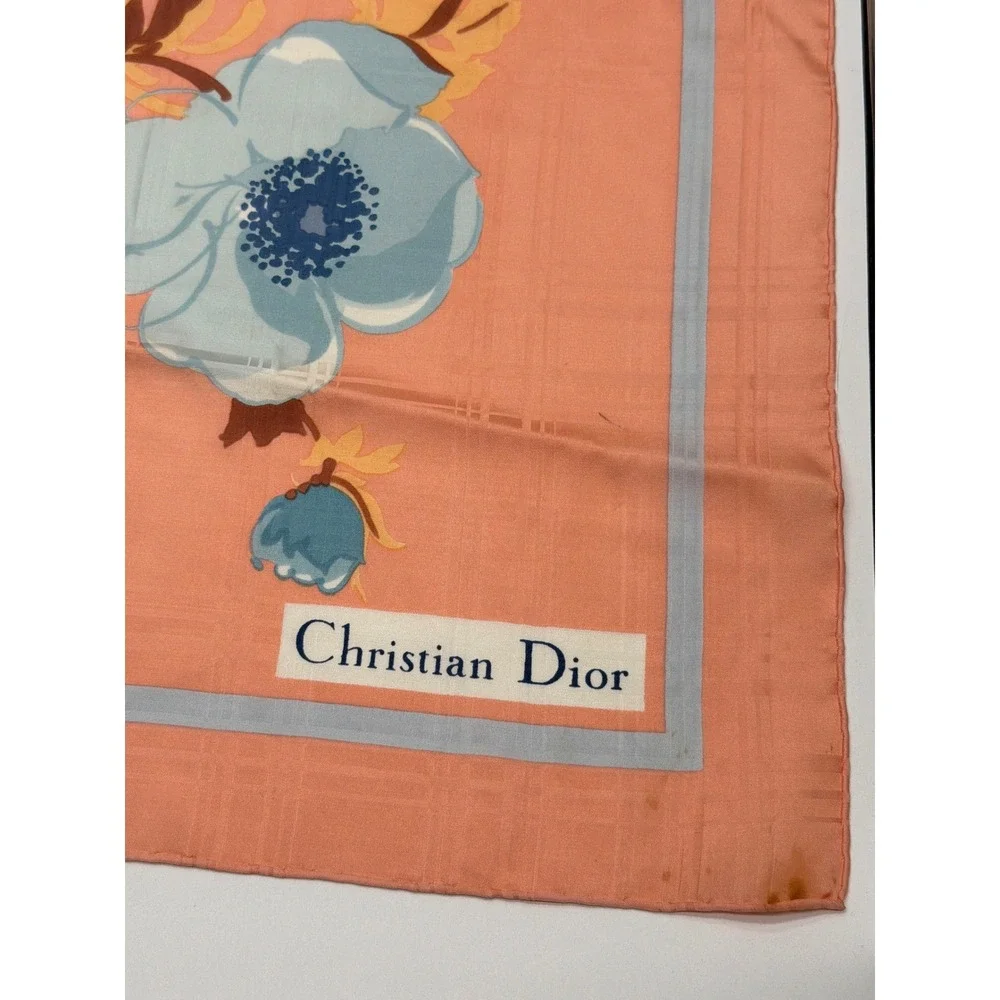 Christian Dior Vintage Silk Scarf Coral Pink Blue Floral Plaid‎ Jacquard 30x30